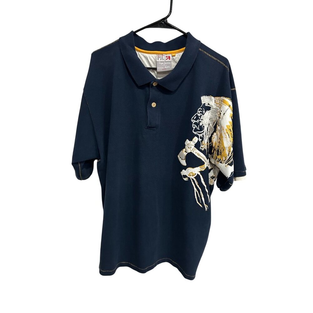 Pepe Jeans London Polo Shirt Navy Gold Sz 4XL Embroidered Native American Chief